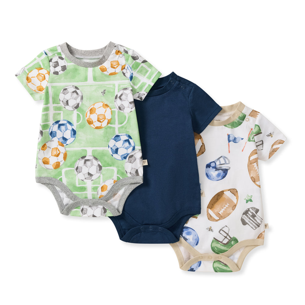 3-pack baby boy bodysuits with green, navy, and white fabric and soccer prints
