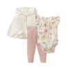 Baby 3-piece set: zip-front white hooded jacket, floral bodysuit, and pink pants