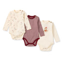 3-pack baby bodysuits with snaps: cream candy-cane print, red striped, cream teddy graphic