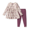 Girls tunic and pants set, cream long-sleeve dress with woodland prints and plum leggings