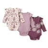 3-pack long-sleeve baby bodysuits: cream woodland, lavender solid, plum snowflake print