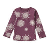 Plum long-sleeve tee with scattered white snowflake print