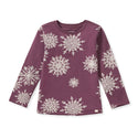 Plum long-sleeve tee with scattered white snowflake print