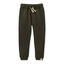 Dark green seamed jogger pants with elastic waistband and drawstring