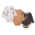 3-pack long-sleeve bodysuits with snaps: cream ski print, tan solid, dark ski graphic