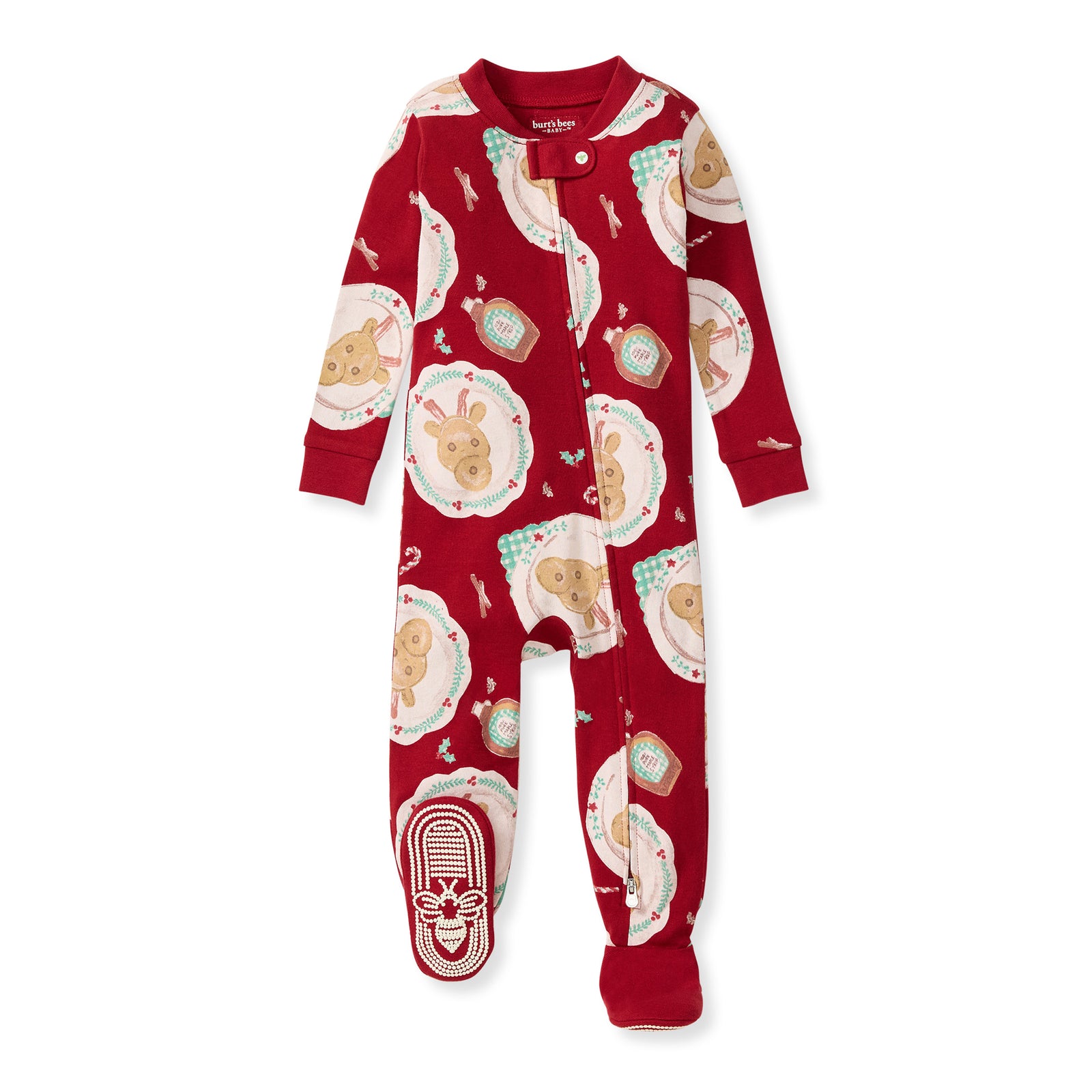 Red footed baby sleeper with breakfast animal print, snap front, ribbed cuffs - View 1