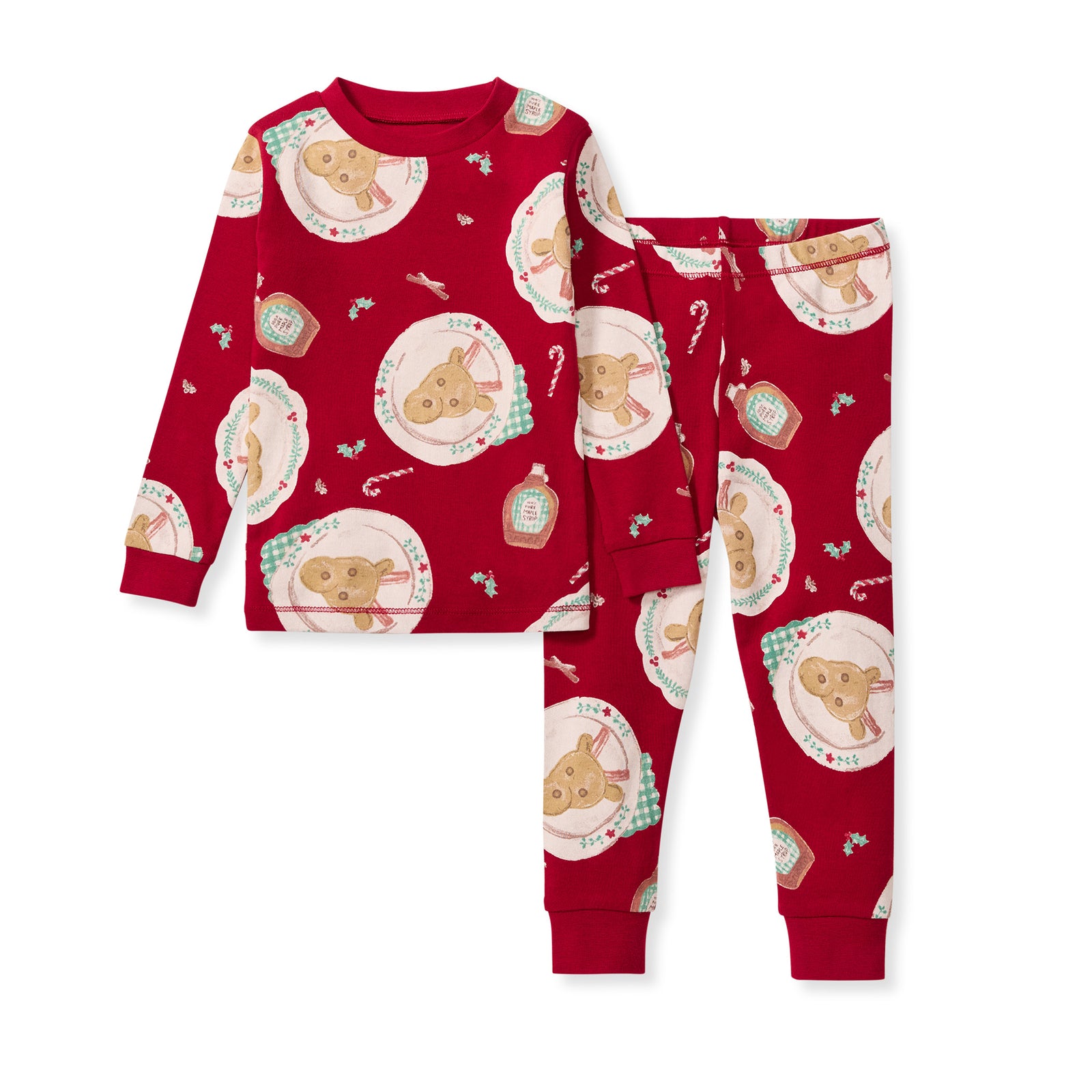 Kids' red two-piece pajama set with bear-face holiday print, long sleeves and pants - View 1
