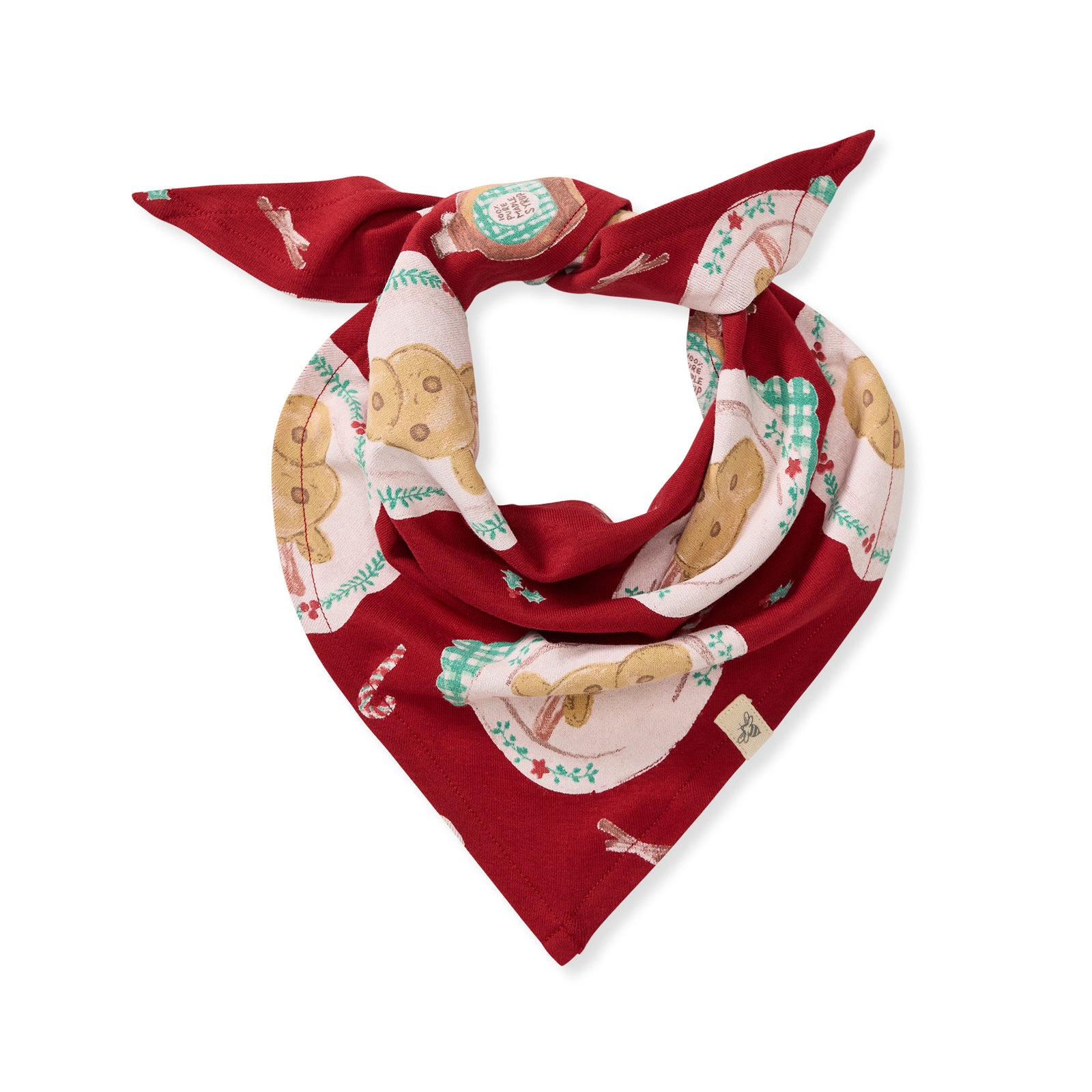 Red pet bandana with festive gingerbread and ornament prints - View 1