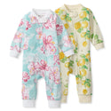 Organic cotton footless sleep & play set, floral and lemon prints, long sleeve, two colors