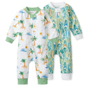 Organic cotton sleep & play rompers, white palm-and-animal print and blue-green wave print