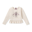 Girls cream long-sleeve tee with ruffle hem and woodland tree deer graphic
