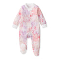 Rosewater pink zip-front footed sleeper with painted snowflake pattern, long sleeves