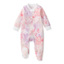 Rosewater pink zip-front footed sleeper with painted snowflake pattern, long sleeves