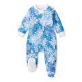 Blue footed romper with painted snowflake print, full-front zipper