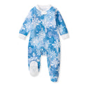 Blue footed romper with painted snowflake print, full-front zipper