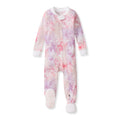 Pale pink organic cotton footed sleeper with zip front and painted snowflake print