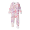 Pale pink organic cotton footed sleeper with zip front and painted snowflake print