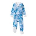 Blue organic cotton footed sleeper with keyhole neck and front opening placket, snowflake print