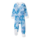 Blue organic cotton footed sleeper with keyhole neck and front opening placket, snowflake print