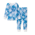Blue organic cotton pajama set with watercolor snowflake print, long sleeves and pants