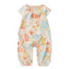 Cream baby jumpsuit with pumpkin floral print, short flutter sleeves, elastic legs