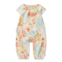 Cream baby jumpsuit with pumpkin floral print, short flutter sleeves, elastic legs
