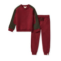 Color-blocked sweatshirt and jogger set with burgundy body, dark green sleeves, drawstring