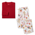 Men's organic cotton pajama set with red top and white Santa-themed pajama pants