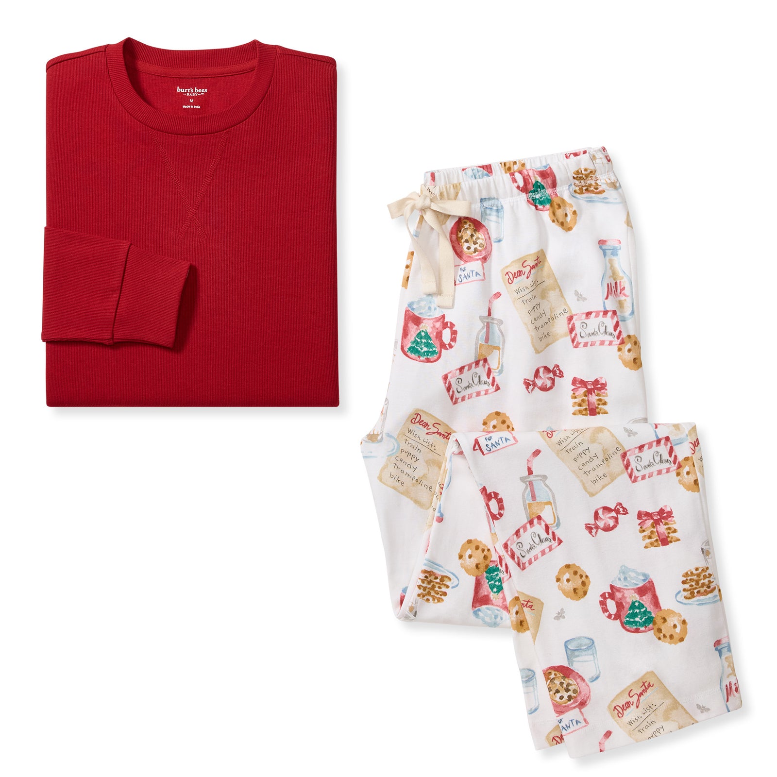 Men's organic cotton pajama set with red top and white Santa-themed pajama pants - View 1