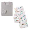 Men's organic cotton pajama set: heather gray long-sleeve top and white ski print pants