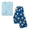 Men's organic cotton PJ set: light blue long-sleeve top and blue patterned pants.