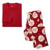 Men's organic cotton pajama set: cream long-sleeve top and red breakfast-print pants