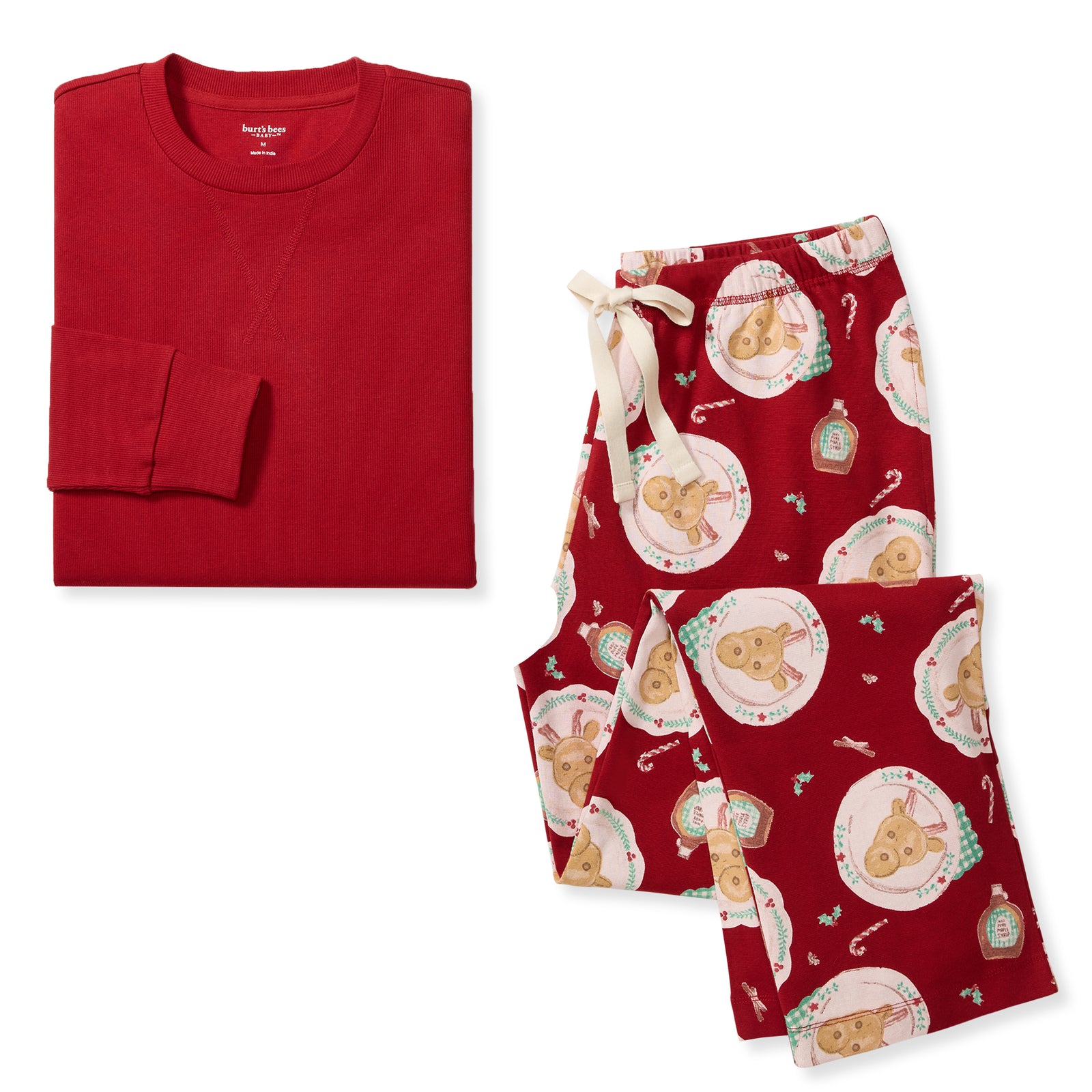 Men's organic cotton pajama set: cream long-sleeve top and red breakfast-print pants - View 1