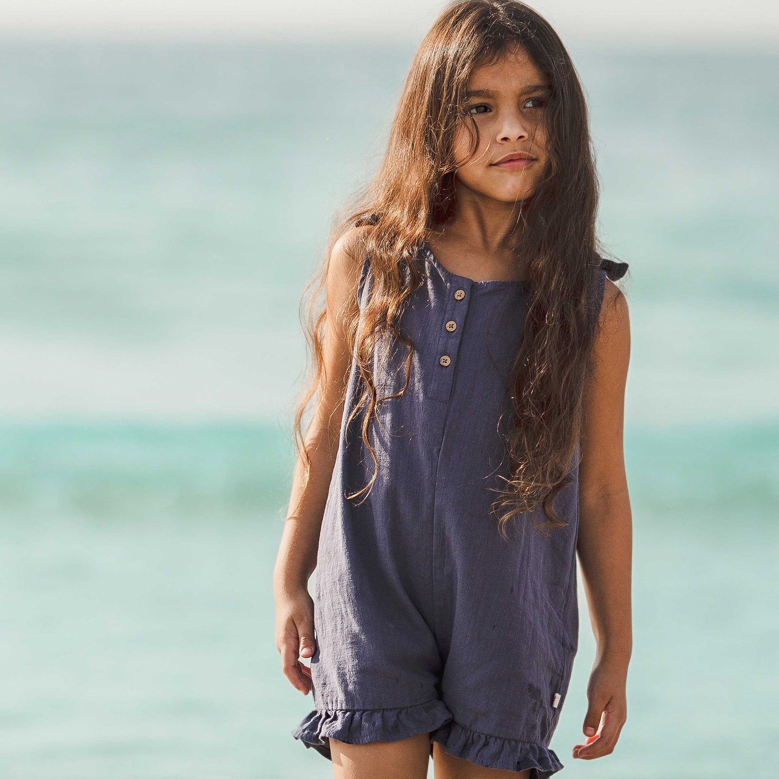 Product Image 1 of Check Gauze Blue Girl Romper - Blue Smoke