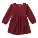 Burgundy ribbed knit dress with long sleeves, gathered yoke and twirly skirt