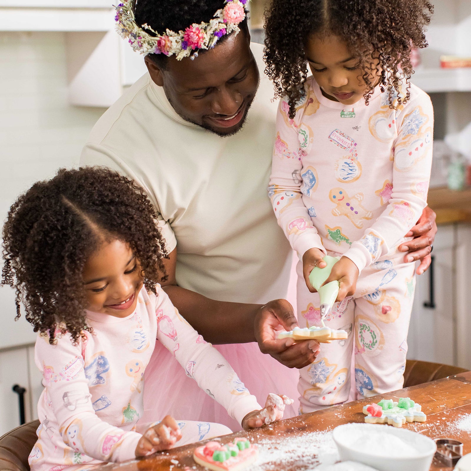 Light pink cookie-themed pajama set on children, long-sleeve top and elastic-waist pants. - View 2