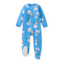 Blue zip-up fleece sleeper with snowman character print, long sleeves and closed feet