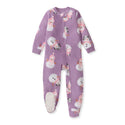 Orchid purple fleece sleeper with snowman prints, front zip, long sleeves, footed