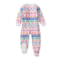 Colorful long-sleeve footed fleece sleeper with Fair Isle heart and stripe pattern