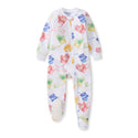 White fleece footed sleeper with zipper and colorful mitten graphics