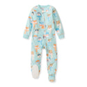 Light blue fleece sleeper with front zipper and allover animal character print
