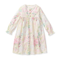 Kids flannel nightgown, long sleeves, floral print with gathered waist and button placket