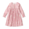 Pink flannel gown with flutter print, long sleeves, gathered skirt, snap buttons