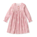 Pink flannel gown with flutter print, long sleeves, gathered skirt, snap buttons