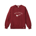 Women's maroon crewneck sweatshirt with 'BELIEVE' graphic and Santa sleigh