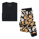 Women’s organic cotton PJ set: black long-sleeve top and Boo printed pajama pants