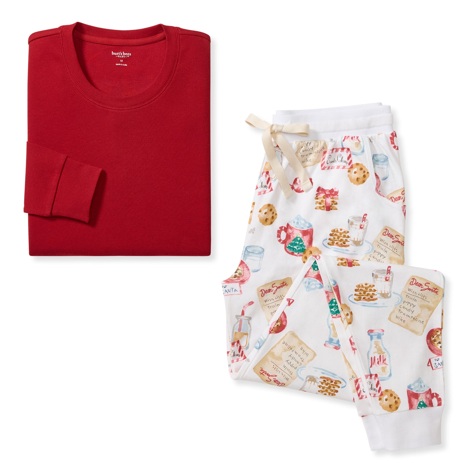Women's organic cotton pajama set with red long-sleeve top and cookie print pants - View 1