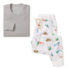 Women’s organic cotton pajama set: gray long-sleeve top with white printed pants