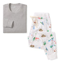 Women’s organic cotton pajama set: gray long-sleeve top with white printed pants