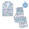 Women's flannel pajama set with holiday print, button-up top and matching pajama pants